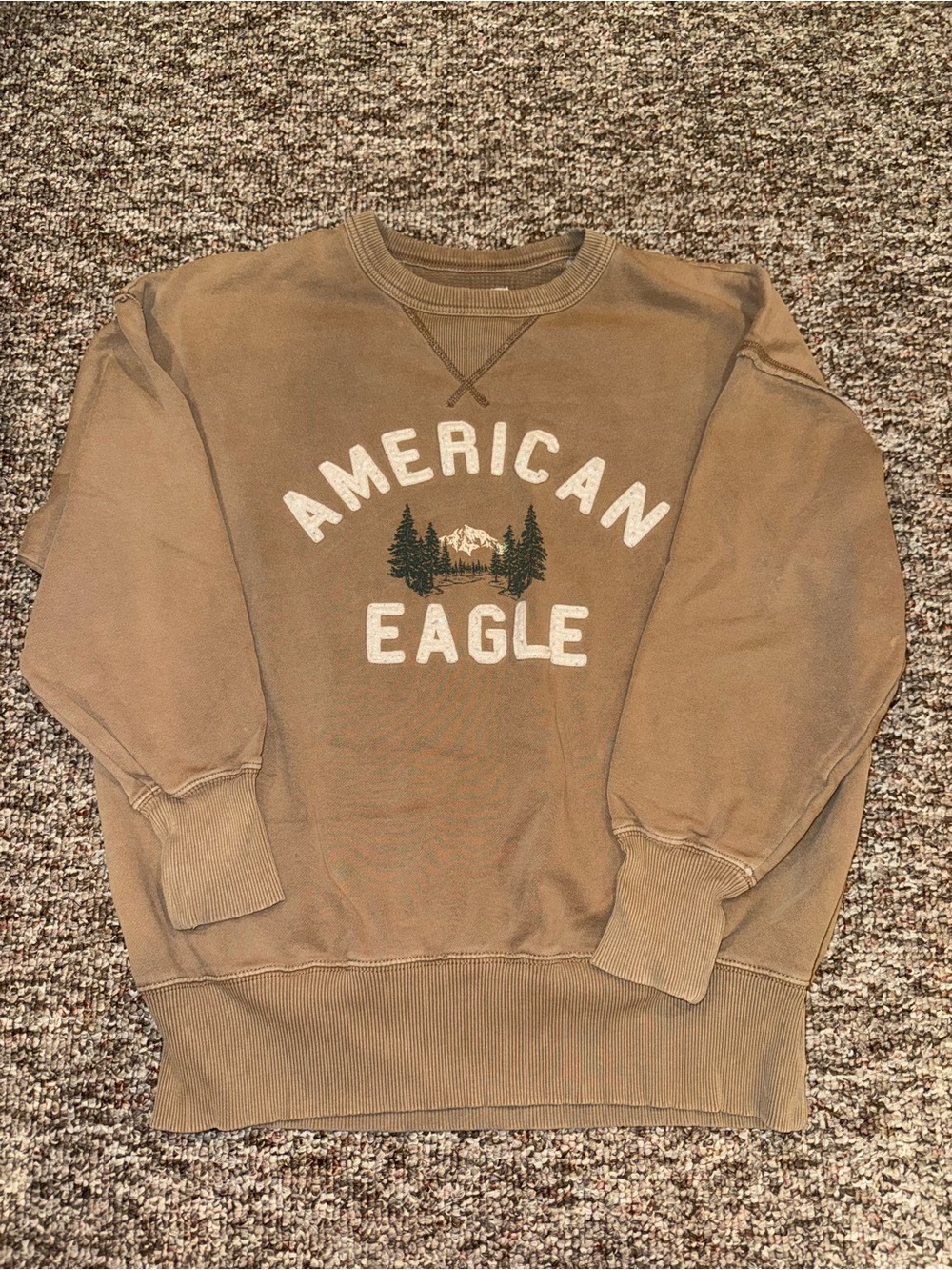 American Eagle Outfitters Tan Crewneck Sweatshirt with Mountain Logo